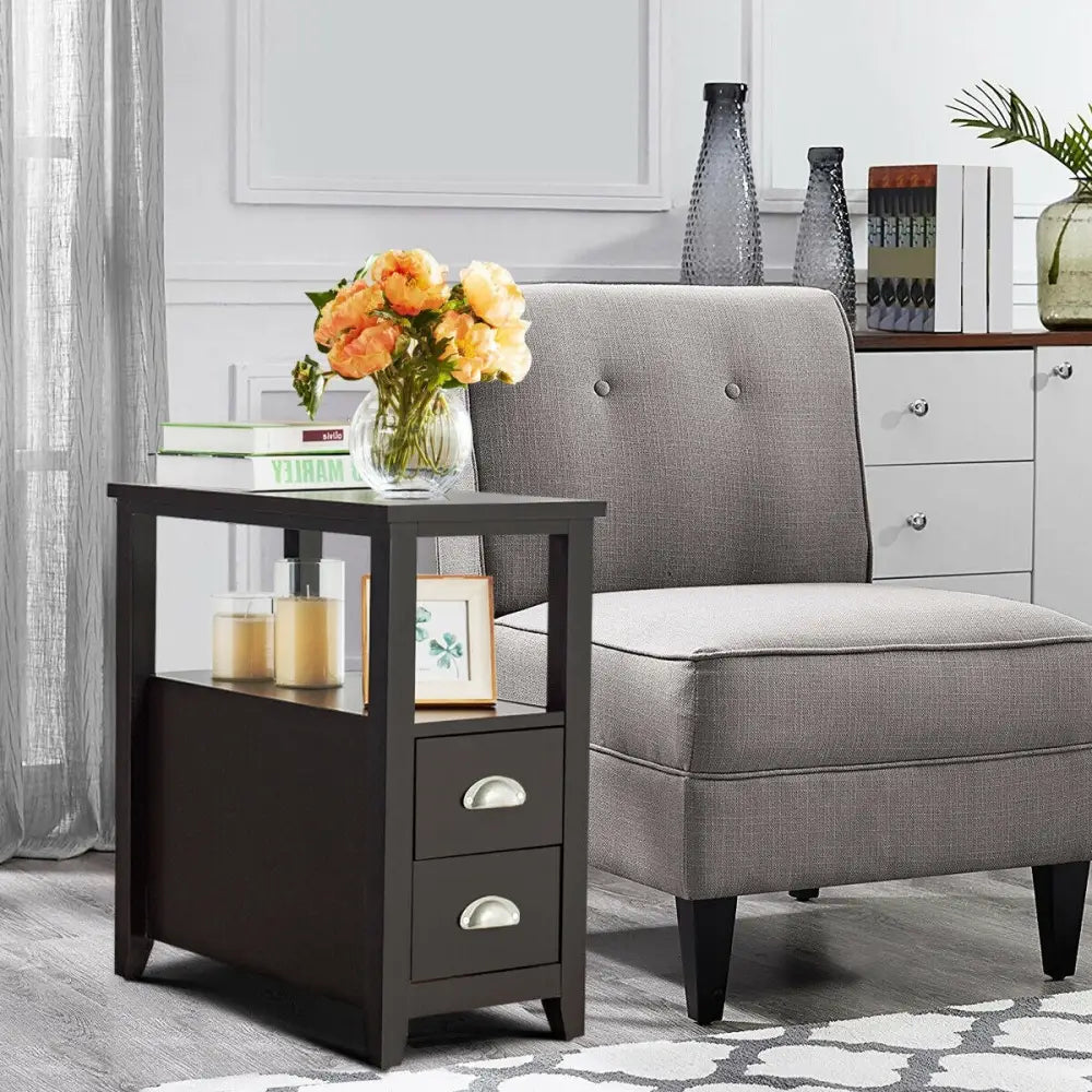 End Table Wooden with 2 Drawers and Shelf Bedside Table-Dark Brown - Dark Brown - Nightstands
