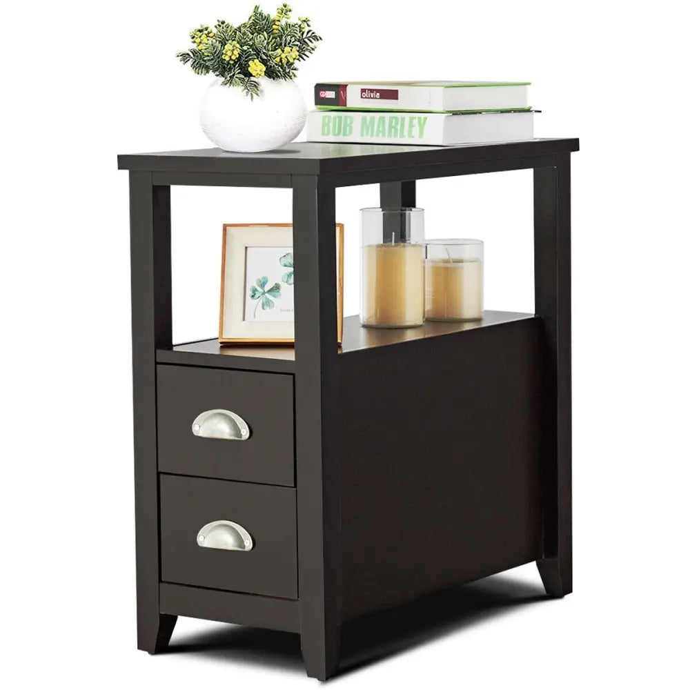 End Table Wooden with 2 Drawers and Shelf Bedside Table-Dark Brown - Dark Brown - Nightstands