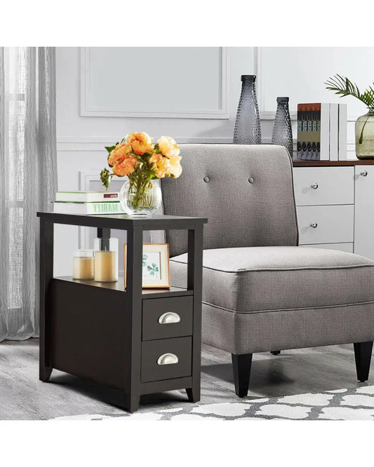 End Table Wooden with 2 Drawers and Shelf Bedside Table-Dark Brown - Dark Brown - Nightstands