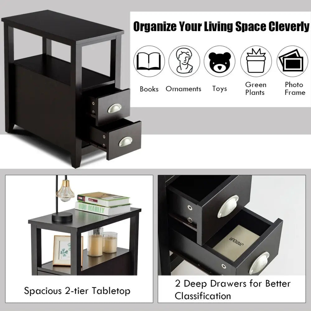 End Table Wooden with 2 Drawers and Shelf Bedside Table-Dark Brown - Dark Brown - Nightstands