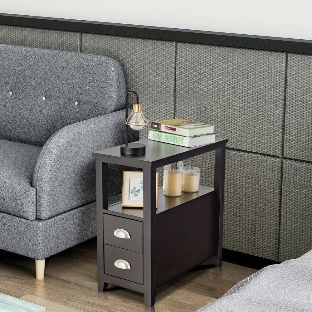 End Table Wooden with 2 Drawers and Shelf Bedside Table-Dark Brown - Dark Brown - Nightstands