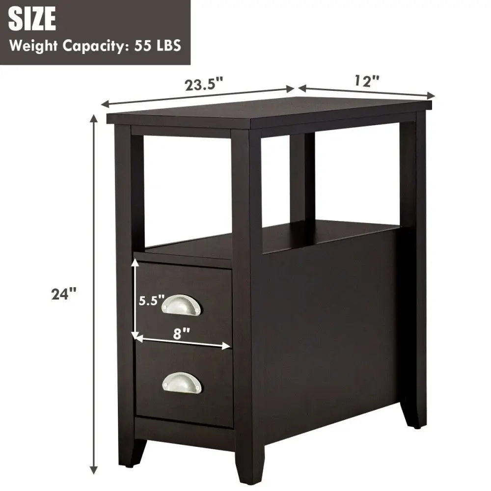 End Table Wooden with 2 Drawers and Shelf Bedside Table-Dark Brown - Dark Brown - Nightstands