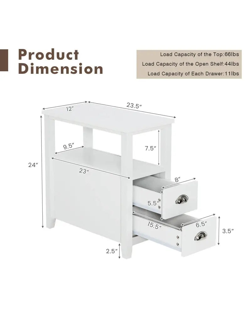 End Table Wooden with 2 Drawers and Shelf Bedside Table-White - White - Nightstands