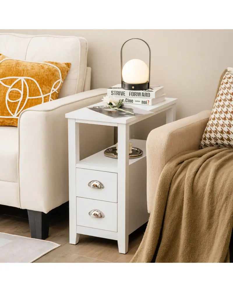 End Table Wooden with 2 Drawers and Shelf Bedside Table-White - White - Nightstands