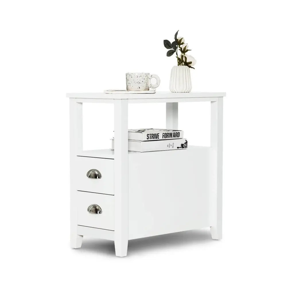 End Table Wooden with 2 Drawers and Shelf Bedside Table-White - White - Nightstands