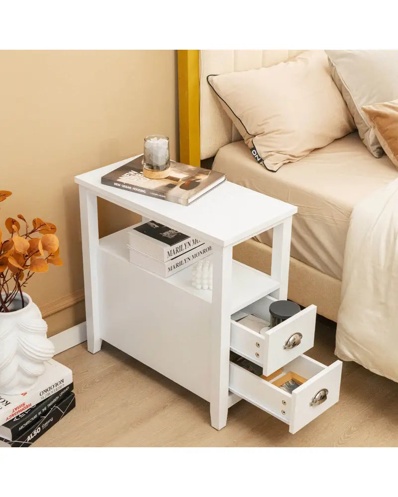 End Table Wooden with 2 Drawers and Shelf Bedside Table-White - White - Nightstands