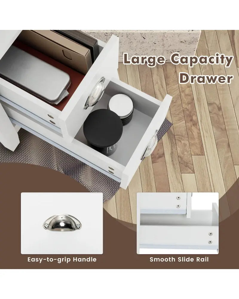 End Table Wooden with 2 Drawers and Shelf Bedside Table-White - White - Nightstands