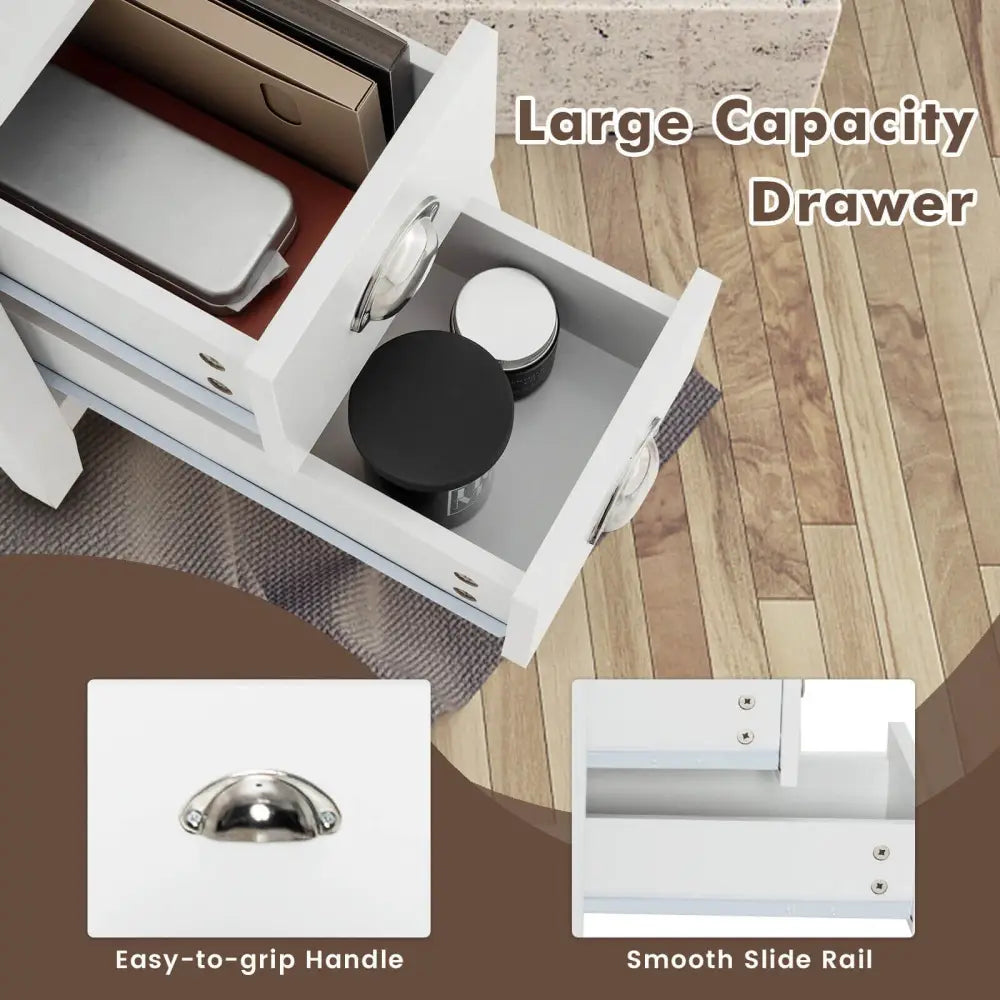 End Table Wooden with 2 Drawers and Shelf Bedside Table-White - White - Nightstands