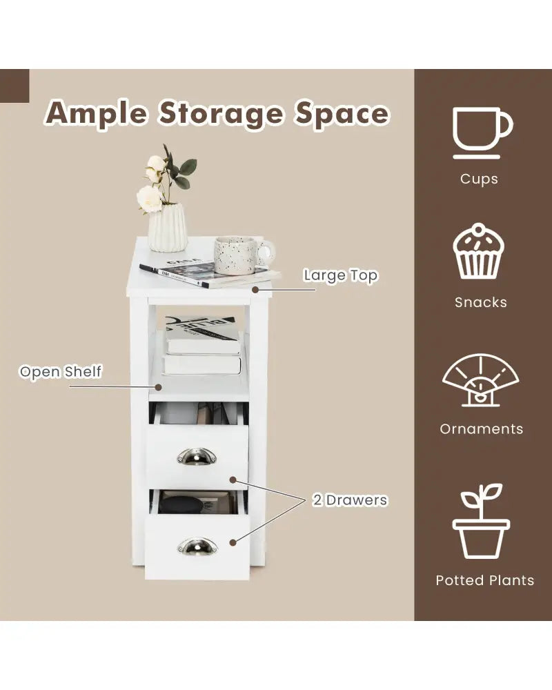End Table Wooden with 2 Drawers and Shelf Bedside Table-White - White - Nightstands