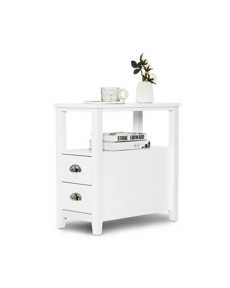 End Table Wooden with 2 Drawers and Shelf Bedside Table-White - White - Nightstands