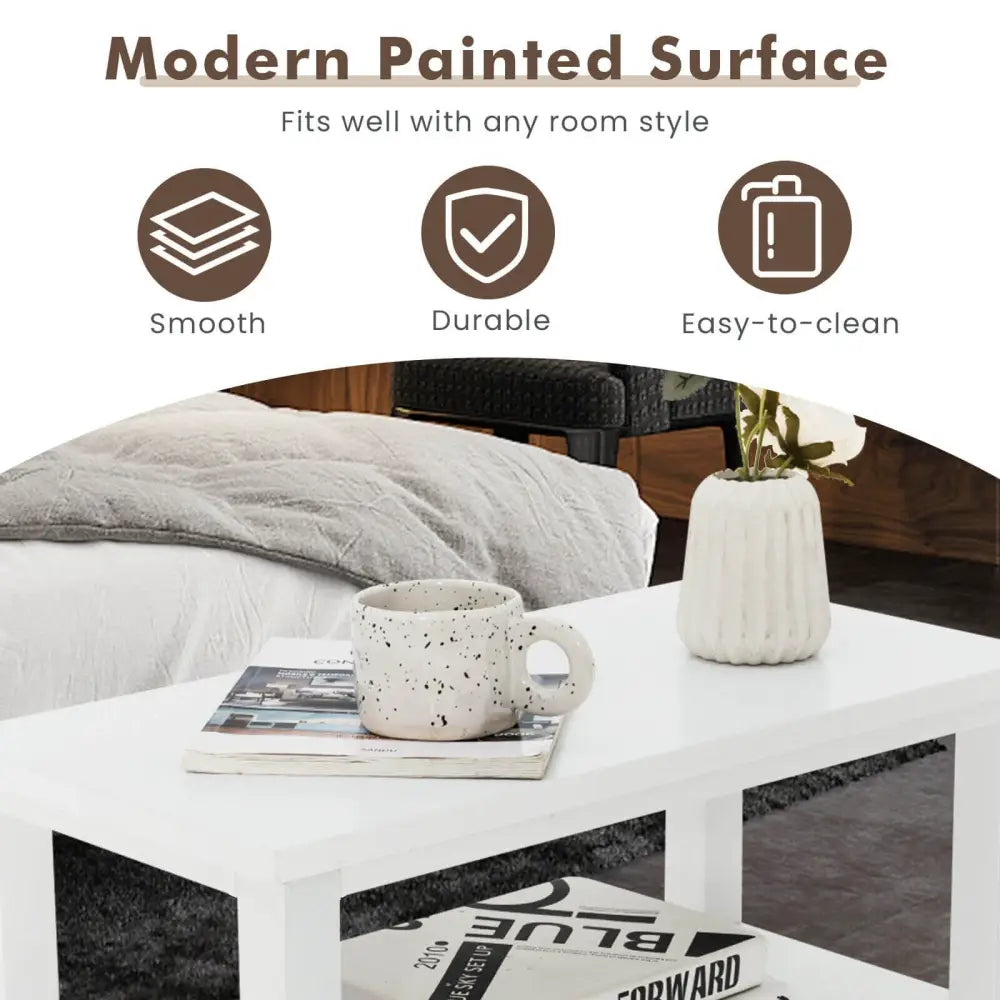 End Table Wooden with 2 Drawers and Shelf Bedside Table-White - White - Nightstands