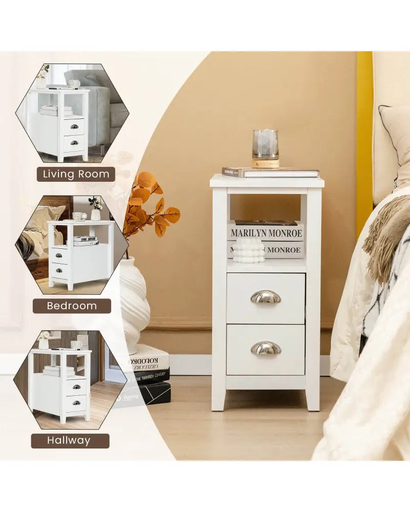 End Table Wooden with 2 Drawers and Shelf Bedside Table-White - White - Nightstands