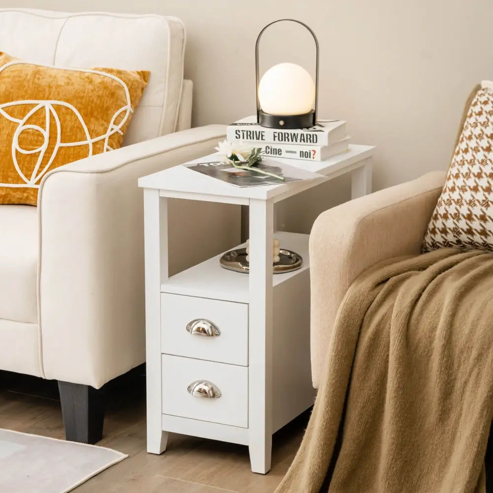 End Table Wooden with 2 Drawers and Shelf Bedside Table-White - White - Nightstands