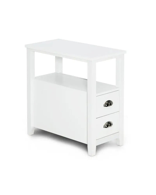 End Table Wooden with 2 Drawers and Shelf Bedside Table-White - White - Nightstands
