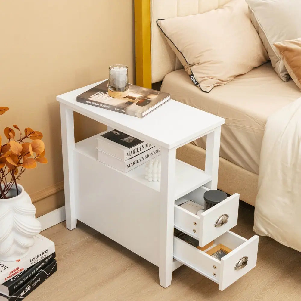 End Table Wooden with 2 Drawers and Shelf Bedside Table-White - White - Nightstands
