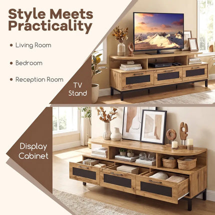Entertainment Center with 3 Storage Drawers and Open Shelves-Natural - Natural - Entertainment Centers & TV Stands