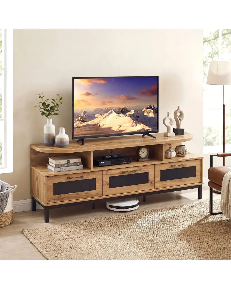 Entertainment Center with 3 Storage Drawers and Open Shelves-Natural - Natural - Entertainment Centers & TV Stands