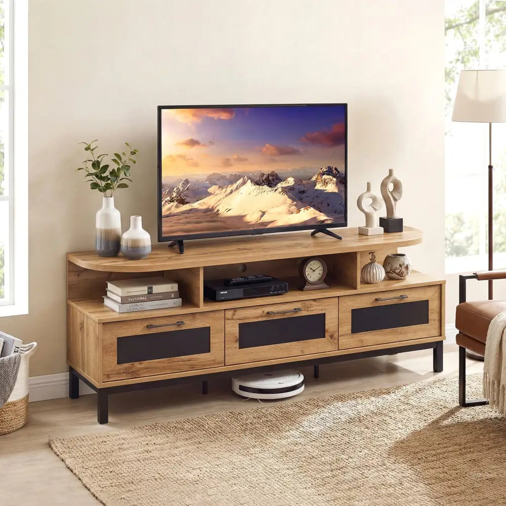 Entertainment Center with 3 Storage Drawers and Open Shelves-Natural - Natural - Entertainment Centers & TV Stands