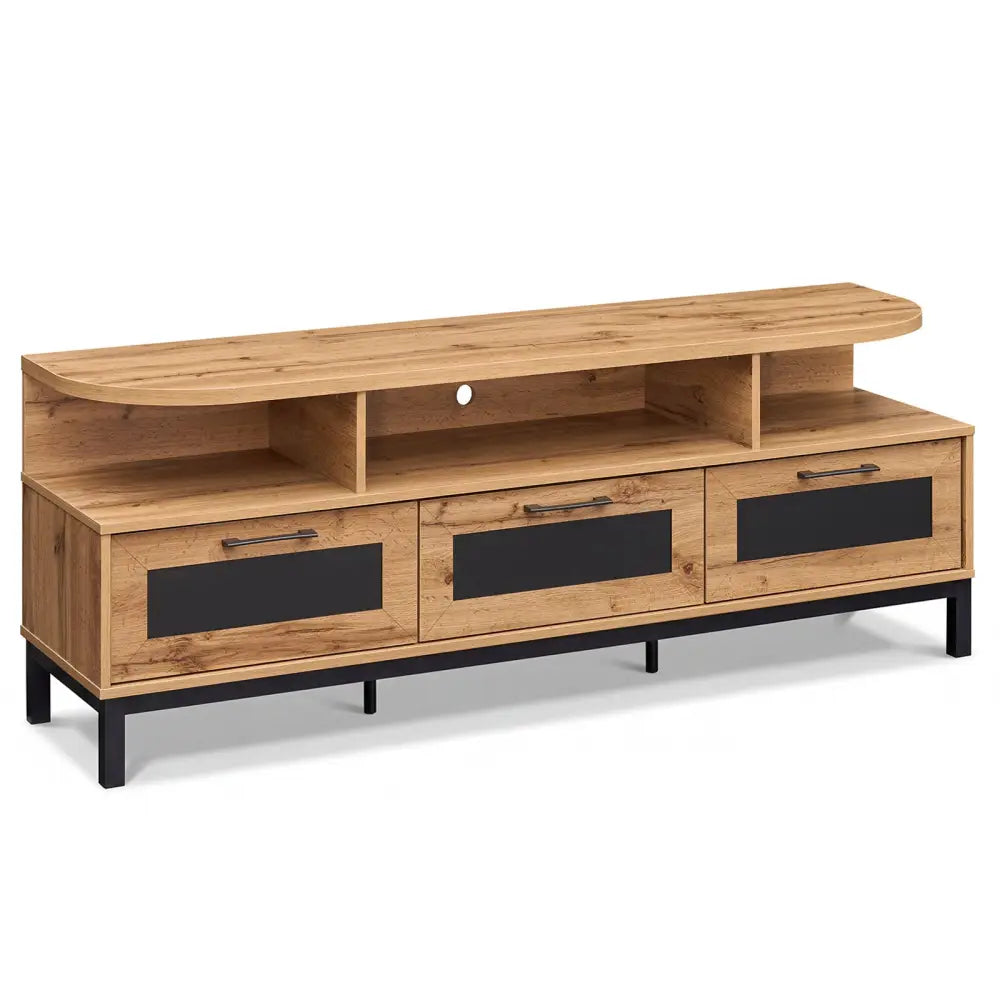 Entertainment Center with 3 Storage Drawers and Open Shelves-Natural - Natural - Entertainment Centers & TV Stands