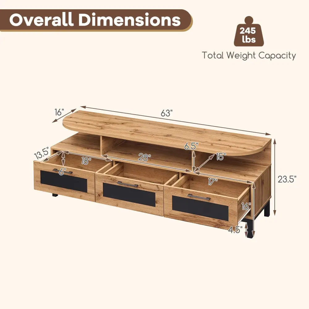 Entertainment Center with 3 Storage Drawers and Open Shelves-Natural - Natural - Entertainment Centers & TV Stands
