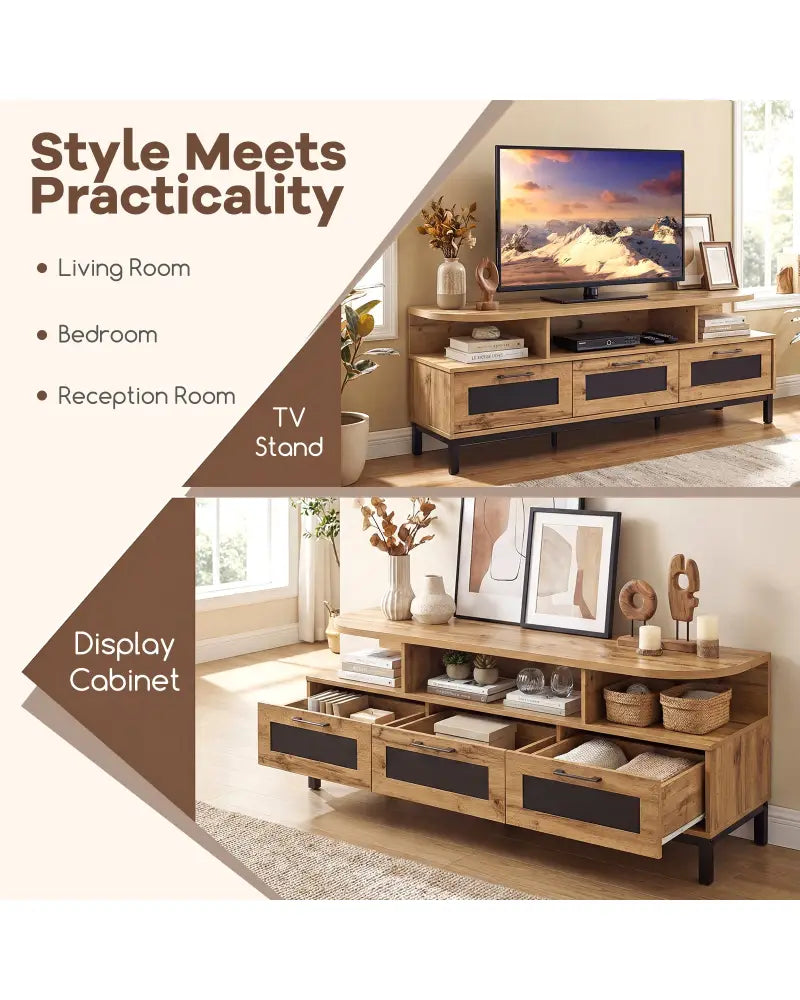Entertainment Center with 3 Storage Drawers and Open Shelves-Natural - Natural - Entertainment Centers & TV Stands