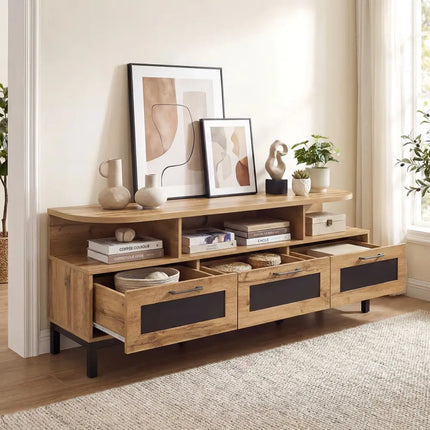 Entertainment Center with 3 Storage Drawers and Open Shelves-Natural - Natural - Entertainment Centers & TV Stands