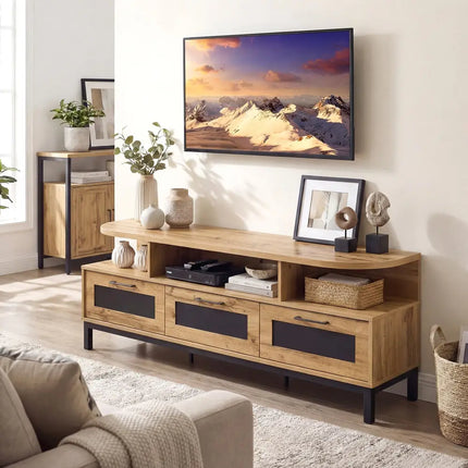 Entertainment Center with 3 Storage Drawers and Open Shelves-Natural - Natural - Entertainment Centers & TV Stands