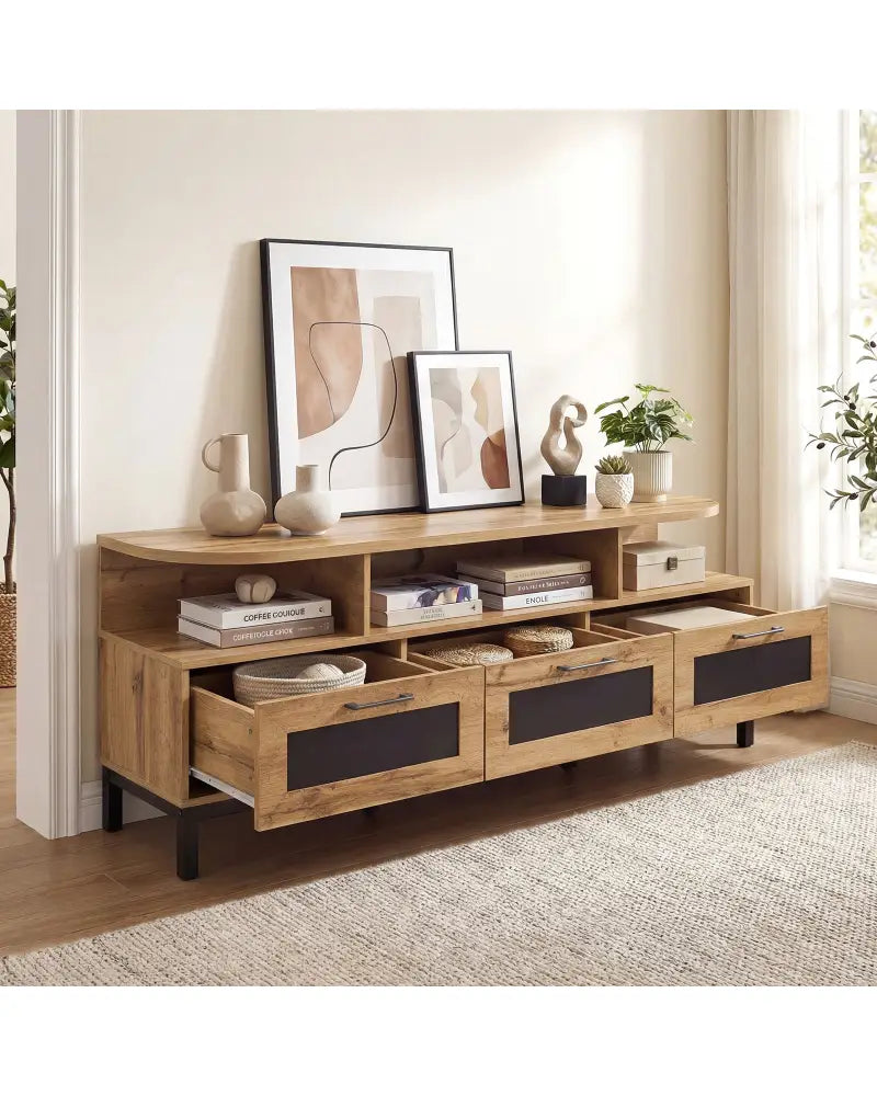 Entertainment Center with 3 Storage Drawers and Open Shelves-Natural - Natural - Entertainment Centers & TV Stands