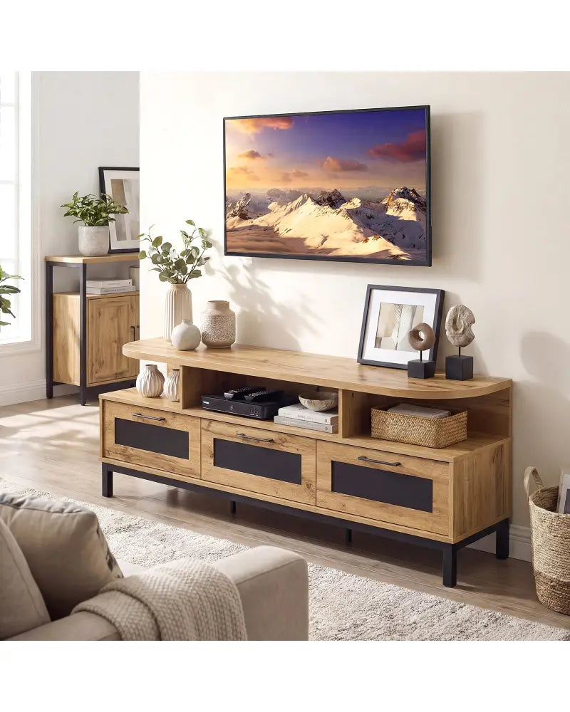 Entertainment Center with 3 Storage Drawers and Open Shelves-Natural - Natural - Entertainment Centers & TV Stands