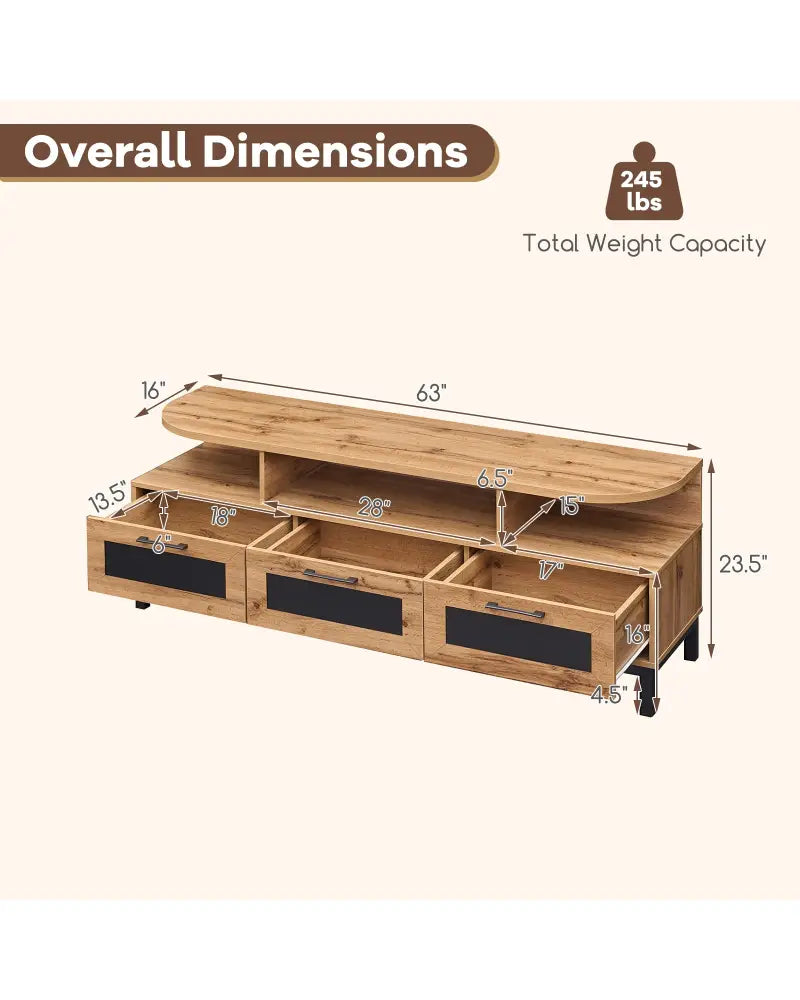 Entertainment Center with 3 Storage Drawers and Open Shelves-Natural - Natural - Entertainment Centers & TV Stands