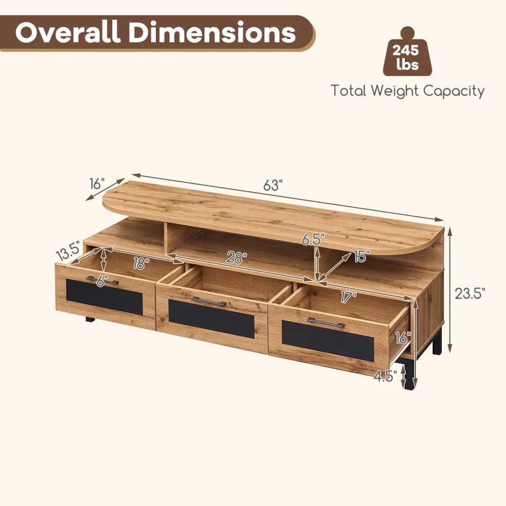 Entertainment Center with 3 Storage Drawers and Open Shelves-Natural - Natural - Entertainment Centers & TV Stands