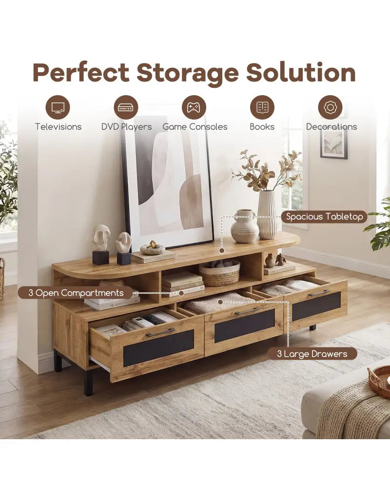 Entertainment Center with 3 Storage Drawers and Open Shelves-Natural - Natural - Entertainment Centers & TV Stands