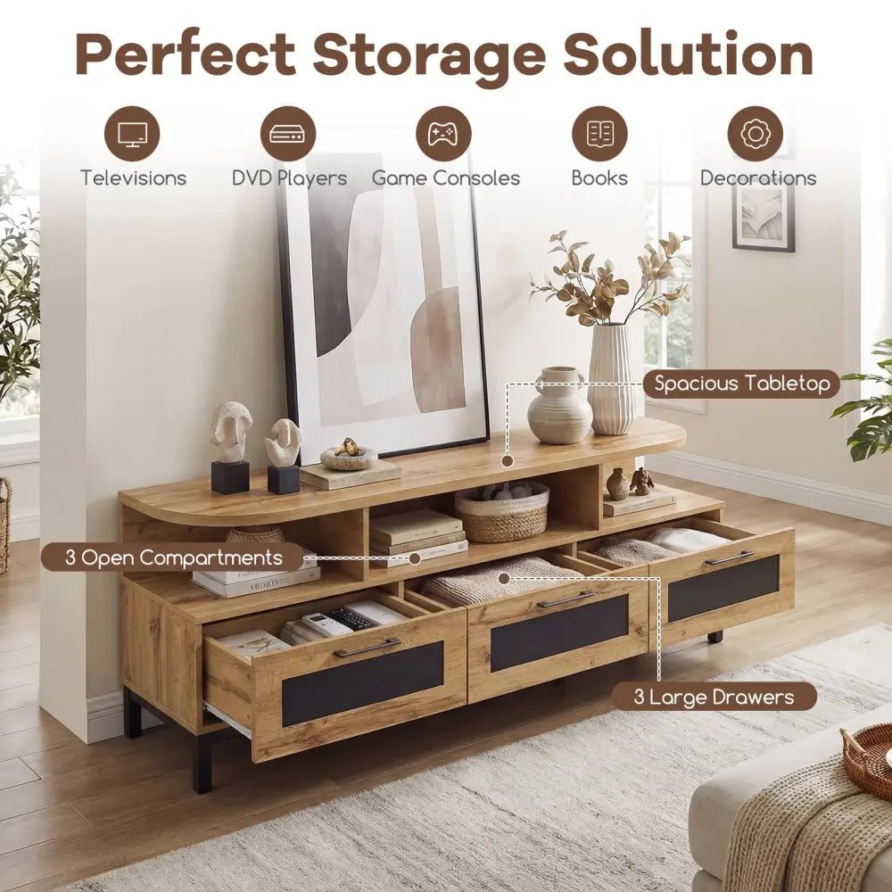 Entertainment Center with 3 Storage Drawers and Open Shelves-Natural - Natural - Entertainment Centers & TV Stands