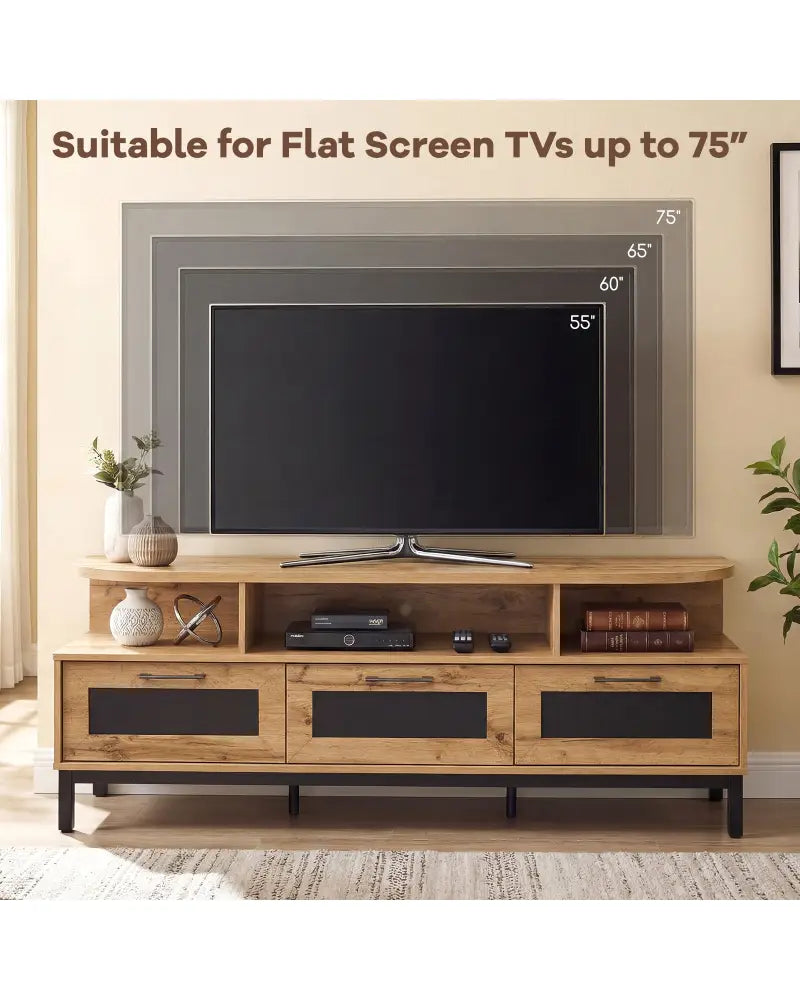 Entertainment Center with 3 Storage Drawers and Open Shelves-Natural - Natural - Entertainment Centers & TV Stands
