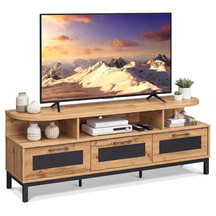 Entertainment Center with 3 Storage Drawers and Open Shelves-Natural - Natural - Entertainment Centers & TV Stands