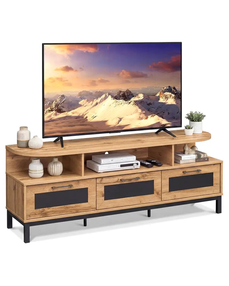 Entertainment Center with 3 Storage Drawers and Open Shelves-Natural - Natural - Entertainment Centers & TV Stands