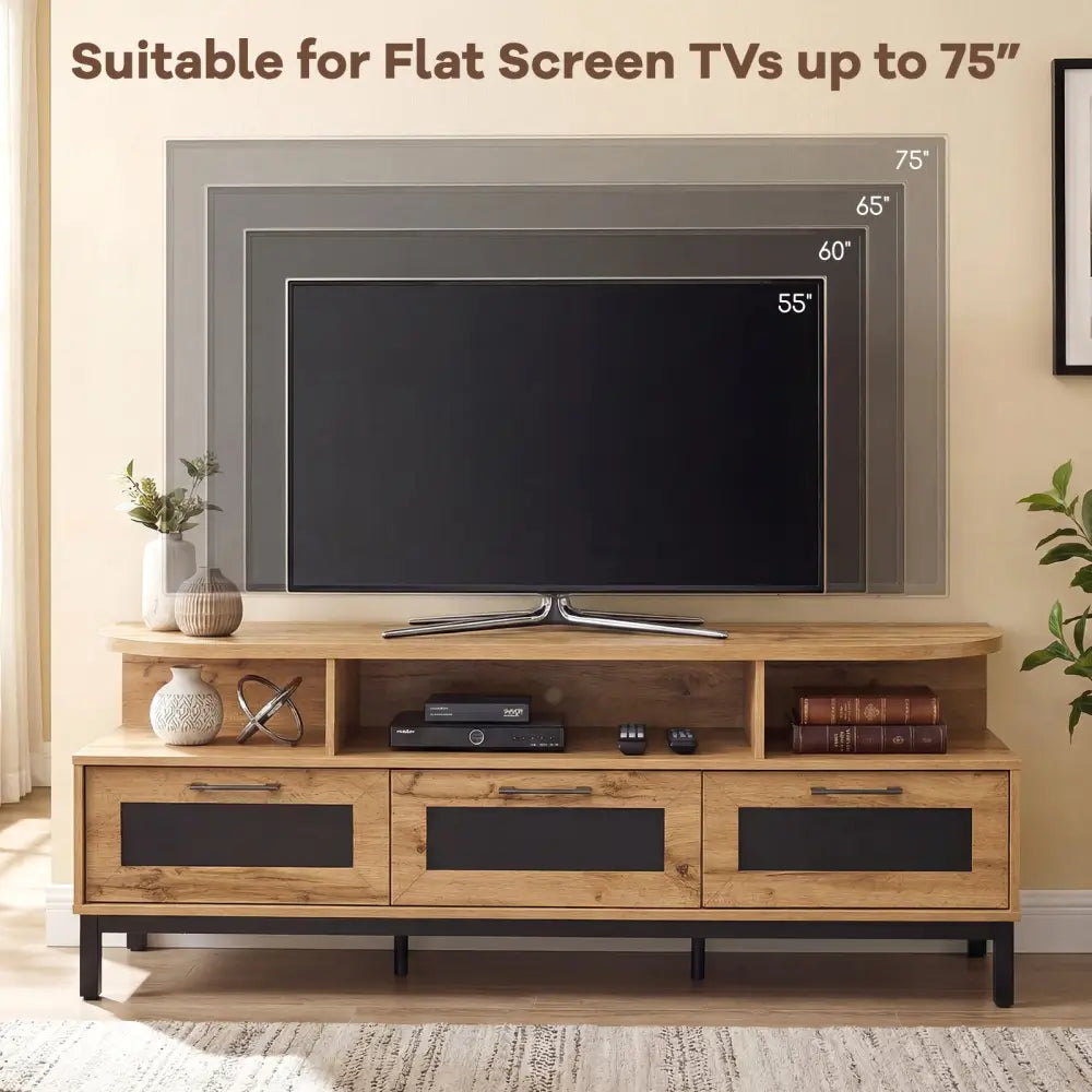 Entertainment Center with 3 Storage Drawers and Open Shelves-Natural - Natural - Entertainment Centers & TV Stands