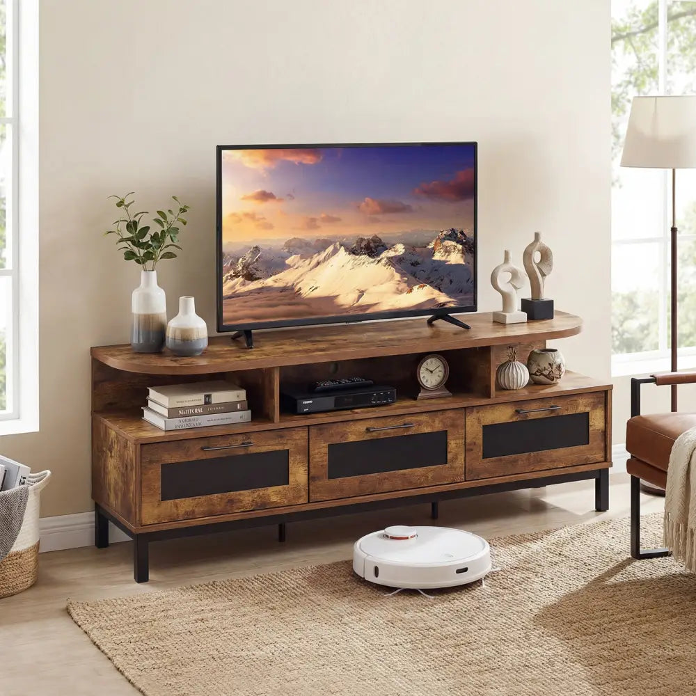 Entertainment Center with 3 Storage Drawers and Open Shelves-Rustic Brown - Rustic Brown - Entertainment Centers & TV