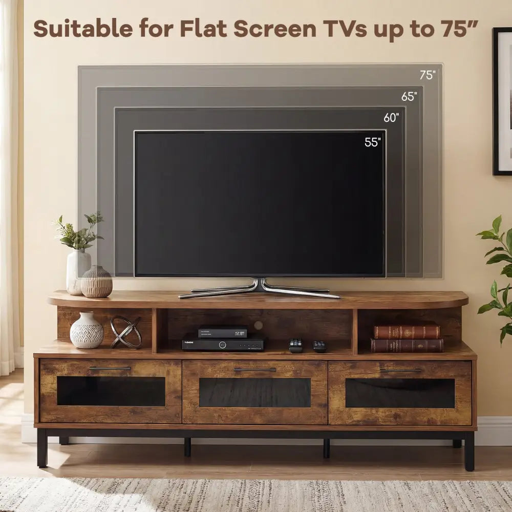Entertainment Center with 3 Storage Drawers and Open Shelves-Rustic Brown - Rustic Brown - Entertainment Centers & TV
