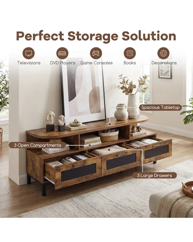 Entertainment Center with 3 Storage Drawers and Open Shelves-Rustic Brown - Rustic Brown - Entertainment Centers & TV