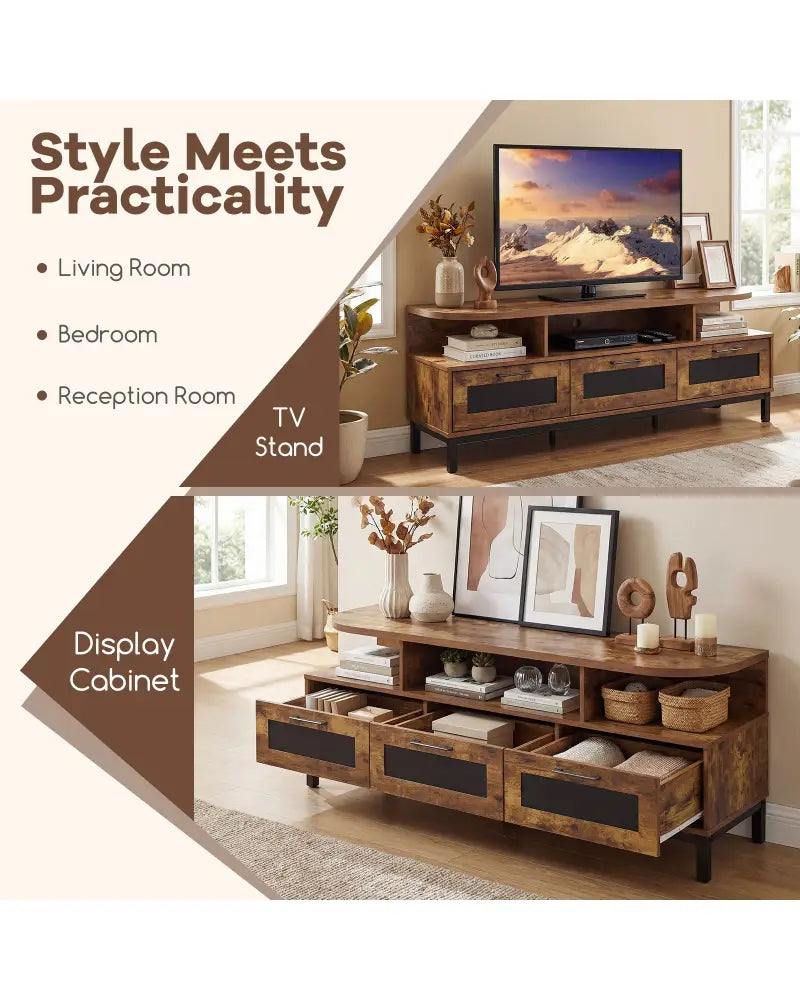 Entertainment Center with 3 Storage Drawers and Open Shelves-Rustic Brown - Rustic Brown - Entertainment Centers & TV