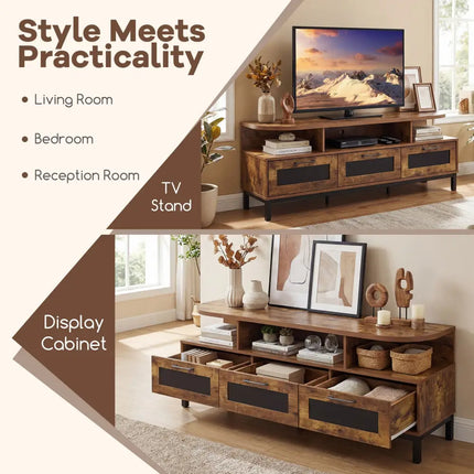 Entertainment Center with 3 Storage Drawers and Open Shelves-Rustic Brown - Rustic Brown - Entertainment Centers & TV