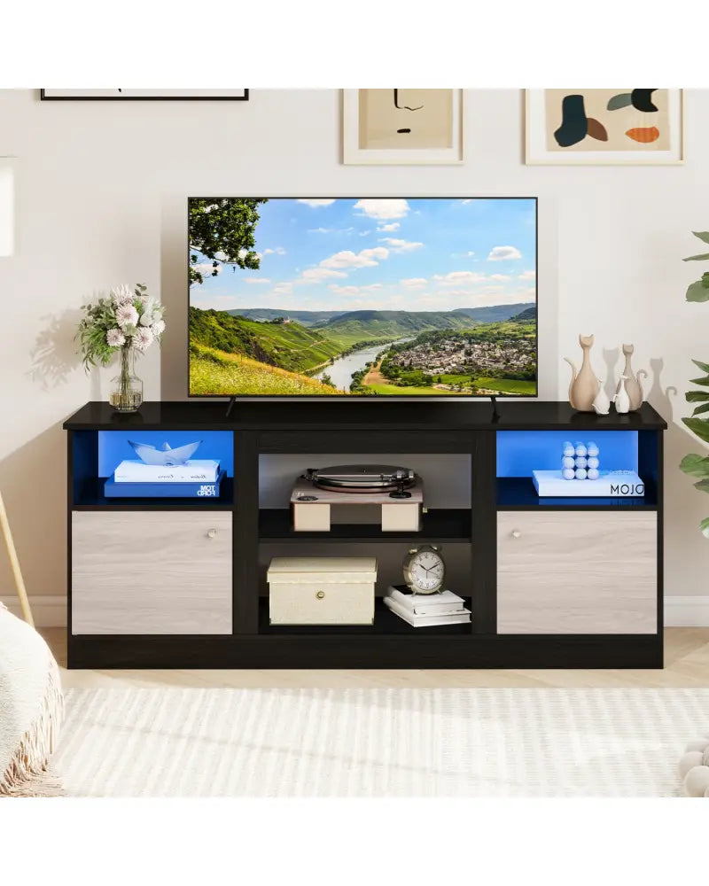 Entertainment Center with Adjustable Shelf & Open Compartment for 65’’ TVs-Black - Black - Entertainment Centers & TV