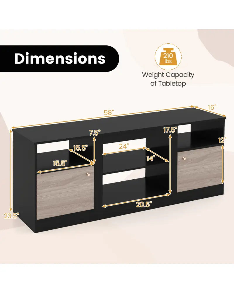 Entertainment Center with Adjustable Shelf & Open Compartment for 65’’ TVs-Black - Black - Entertainment Centers & TV