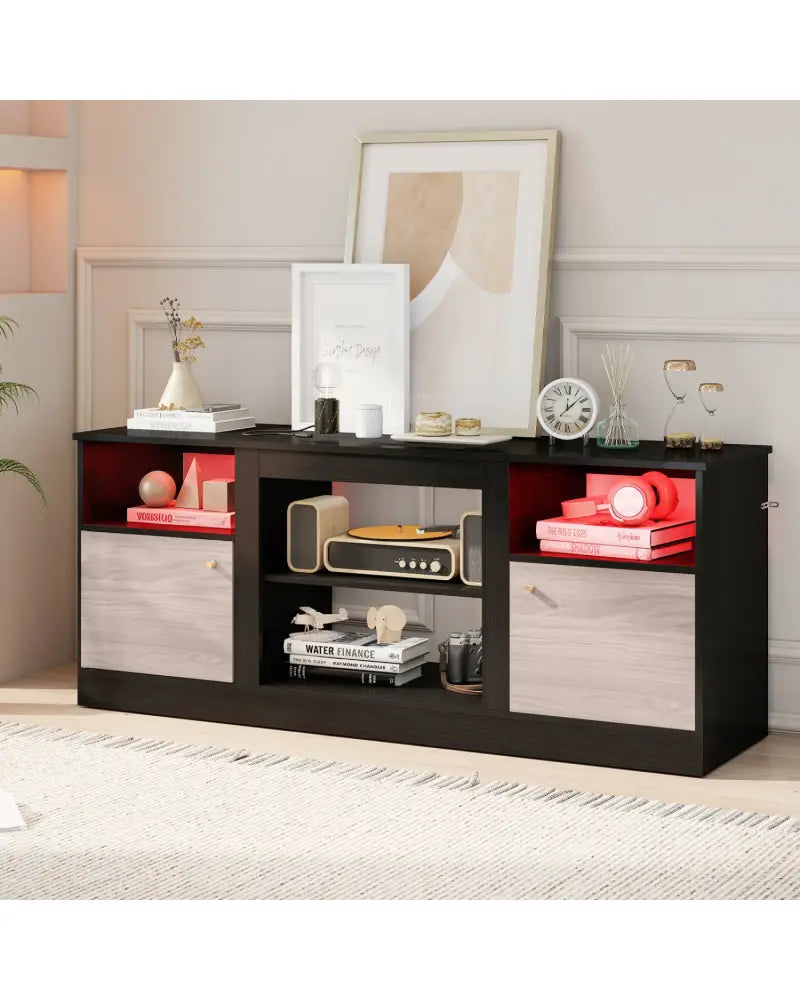 Entertainment Center with Adjustable Shelf & Open Compartment for 65’’ TVs-Black - Black - Entertainment Centers & TV