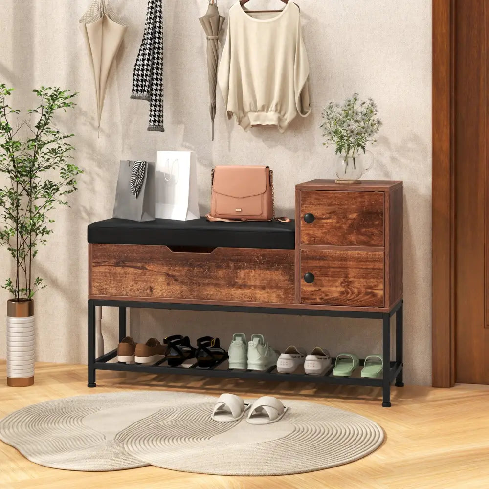 Entryway Bench with Flip Top Box and 2 Door Cabinets for Entryway-Rustic Brown - Rustic Brown - Shoe Racks & Storage