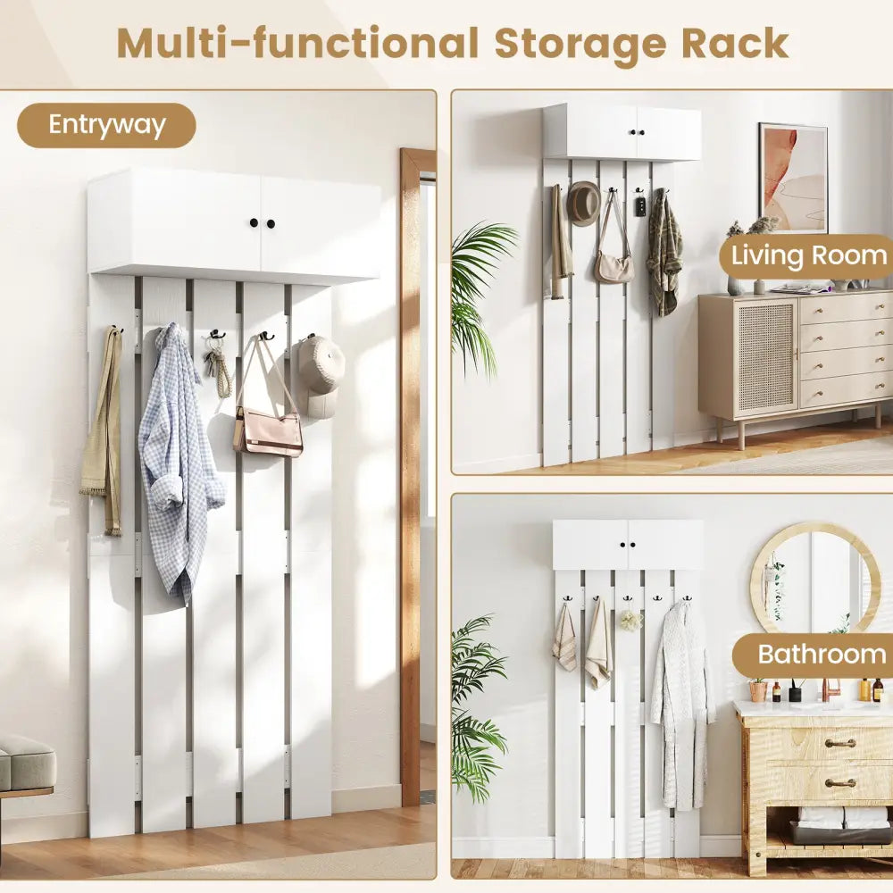 Entryway Wall Coat Rack Wall Mounted Coat Clothes Rack-White - White - Coat Racks & Hall Trees