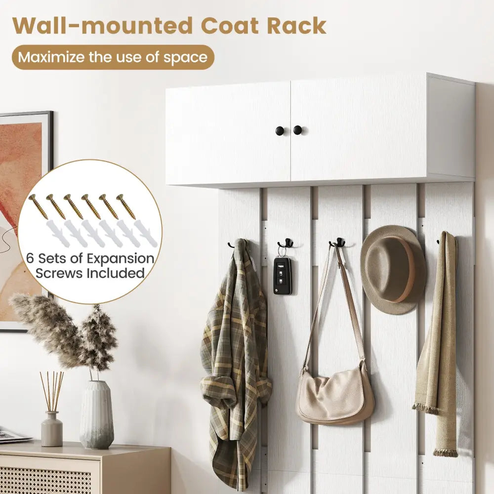 Entryway Wall Coat Rack Wall Mounted Coat Clothes Rack-White - White - Coat Racks & Hall Trees