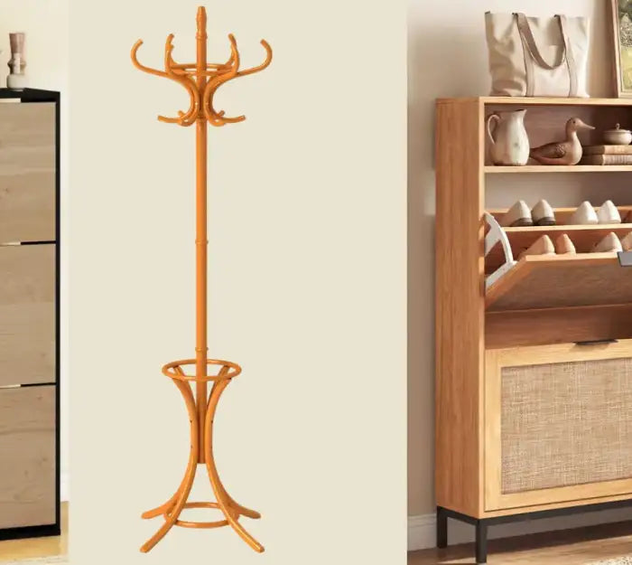 Filing cabinet, coat rack, and wooden shoe storage unit.