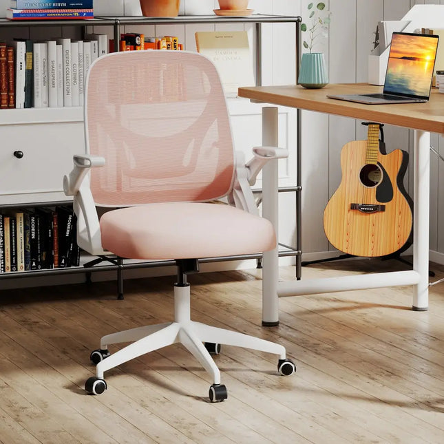 Ergonomic Computer Desk Chair with Lumbar Support and Flip-up Arms-Pink - Pink - Ergonomic Chairs